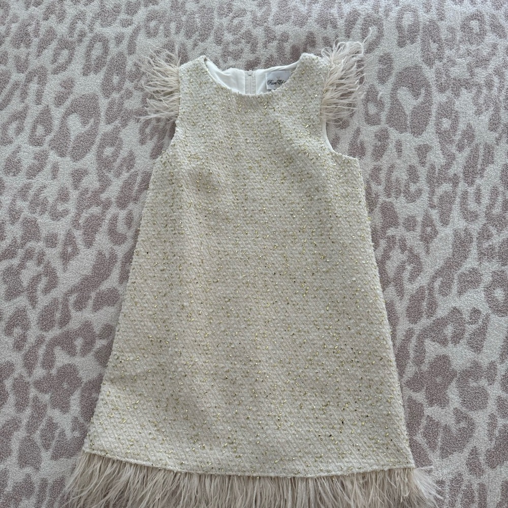 Girls Cream and Gold Feather-Trim Tweed Dress size 12